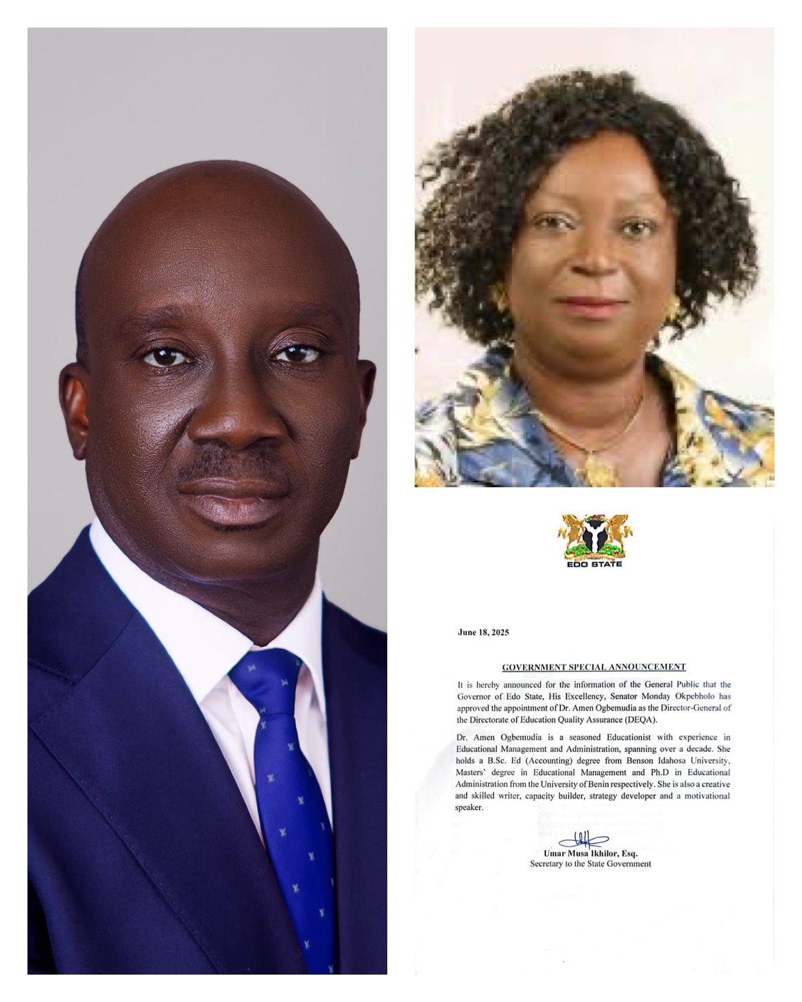 Governor Okpebholo Appoints Dr. Amen Ogbemudia as Director-General of DEQA
