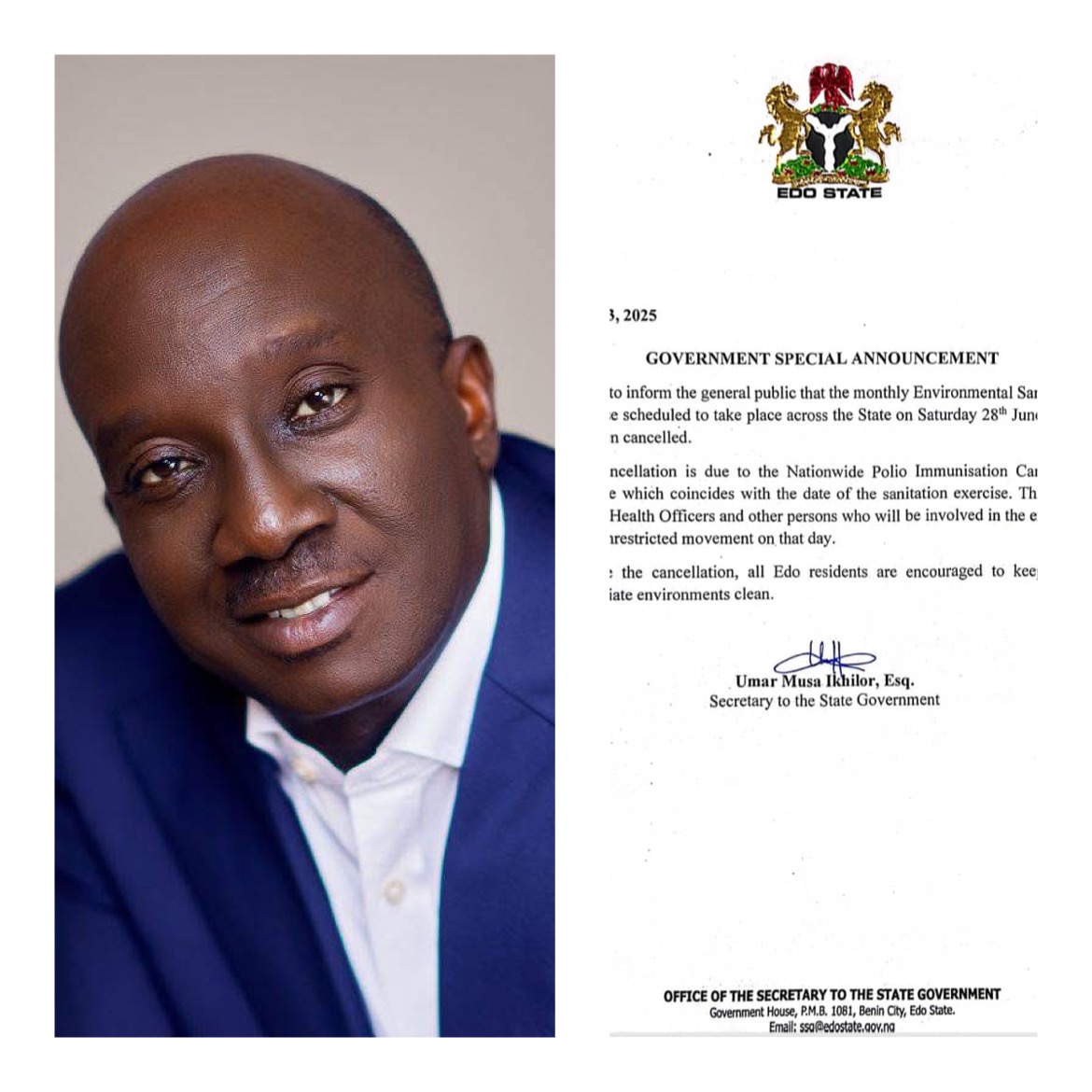 Edo Government Cancels June Environmental Sanitation Due to Nationwide Polio Campaign