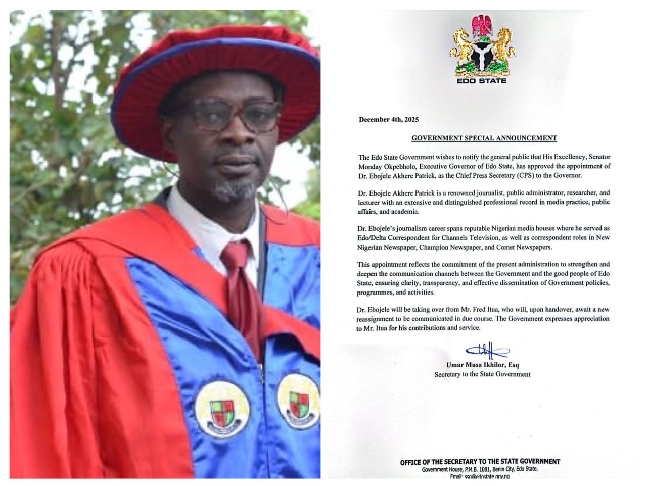 Edo Governor Approves Appointment of Dr. Ebojele Akhere Patrick as Chief Press Secretary