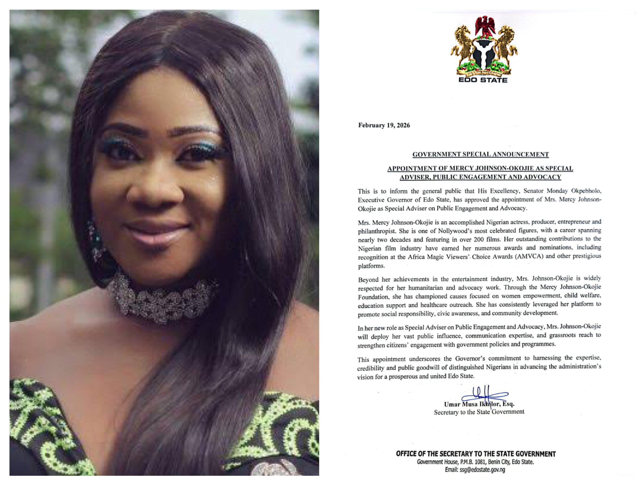 Mercy Johnson-Okojie Appointed as as Special Adviser on Public Engagement in Edo State