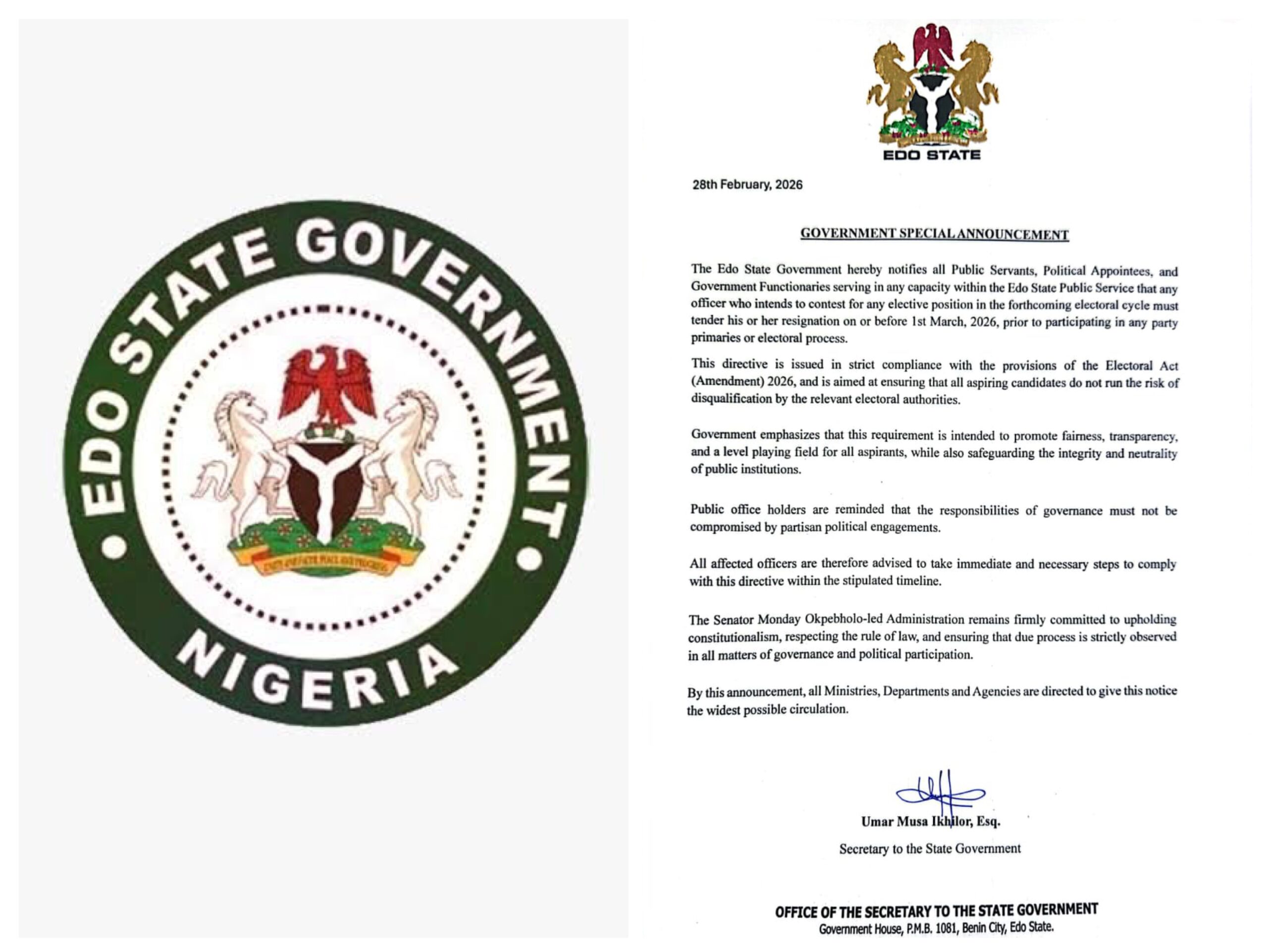 Edo Directs Political Appointees, Public Servants to Resign Before Party Primaries