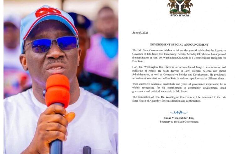 Okpebholo Nominates Washington Osifo as Commissioner-Designate