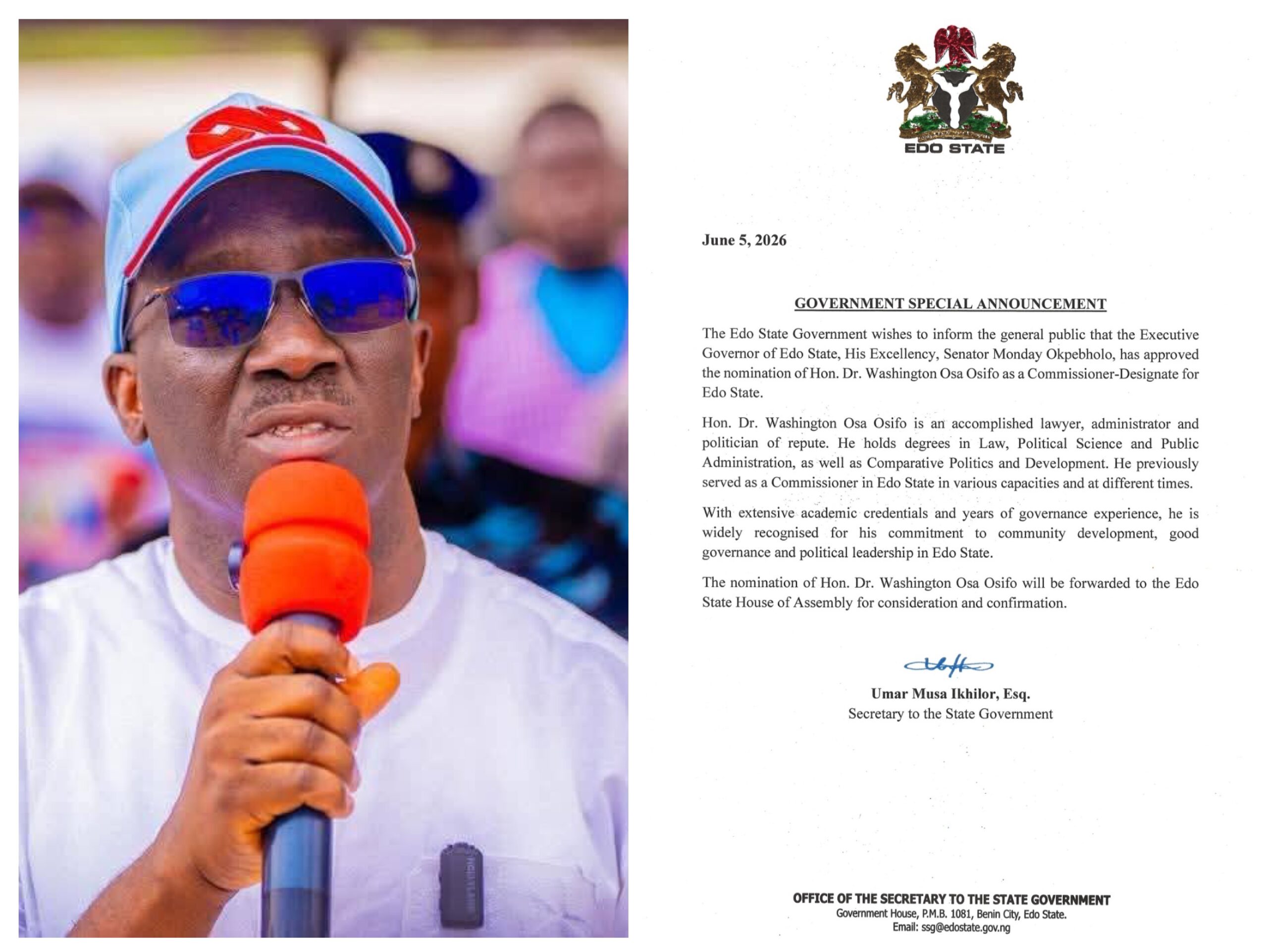 Okpebholo Nominates Washington Osifo as Commissioner-Designate