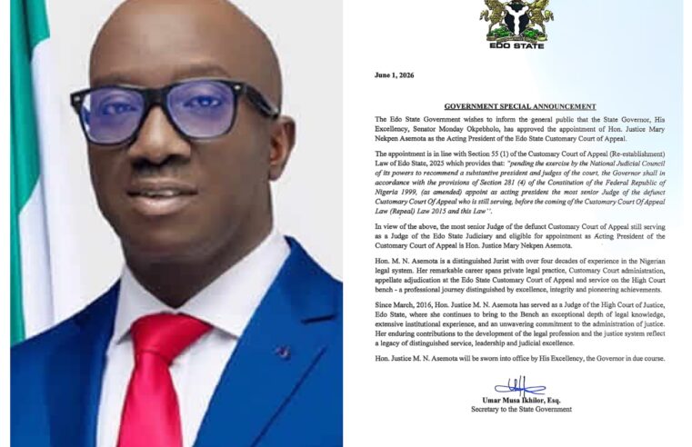 Edo Gov Appoints Justice Mary Asemota as Acting President of Customary Court of Appeal