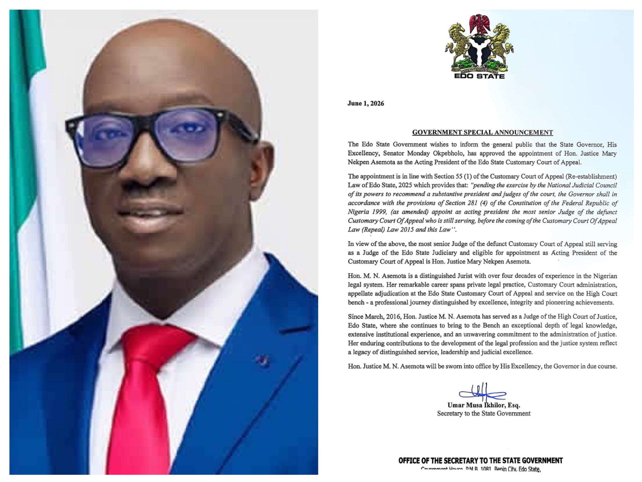 Edo Gov Appoints Justice Mary Asemota as Acting President of Customary Court of Appeal